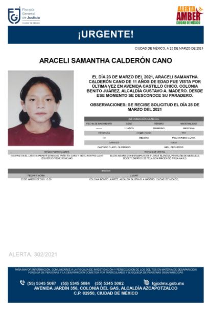 Activan Alerta Amber para localizar a Araceli Samantha Calderón Cano