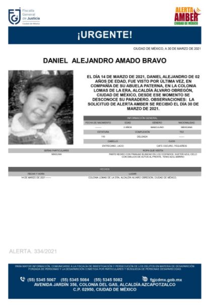 Activan Alerta Amber para localizar a Daniel Alejandro Amado Bravo