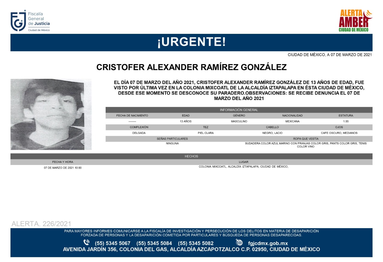 Activan Alerta Amber para localizar a Cristofer Alexander Ramírez González
