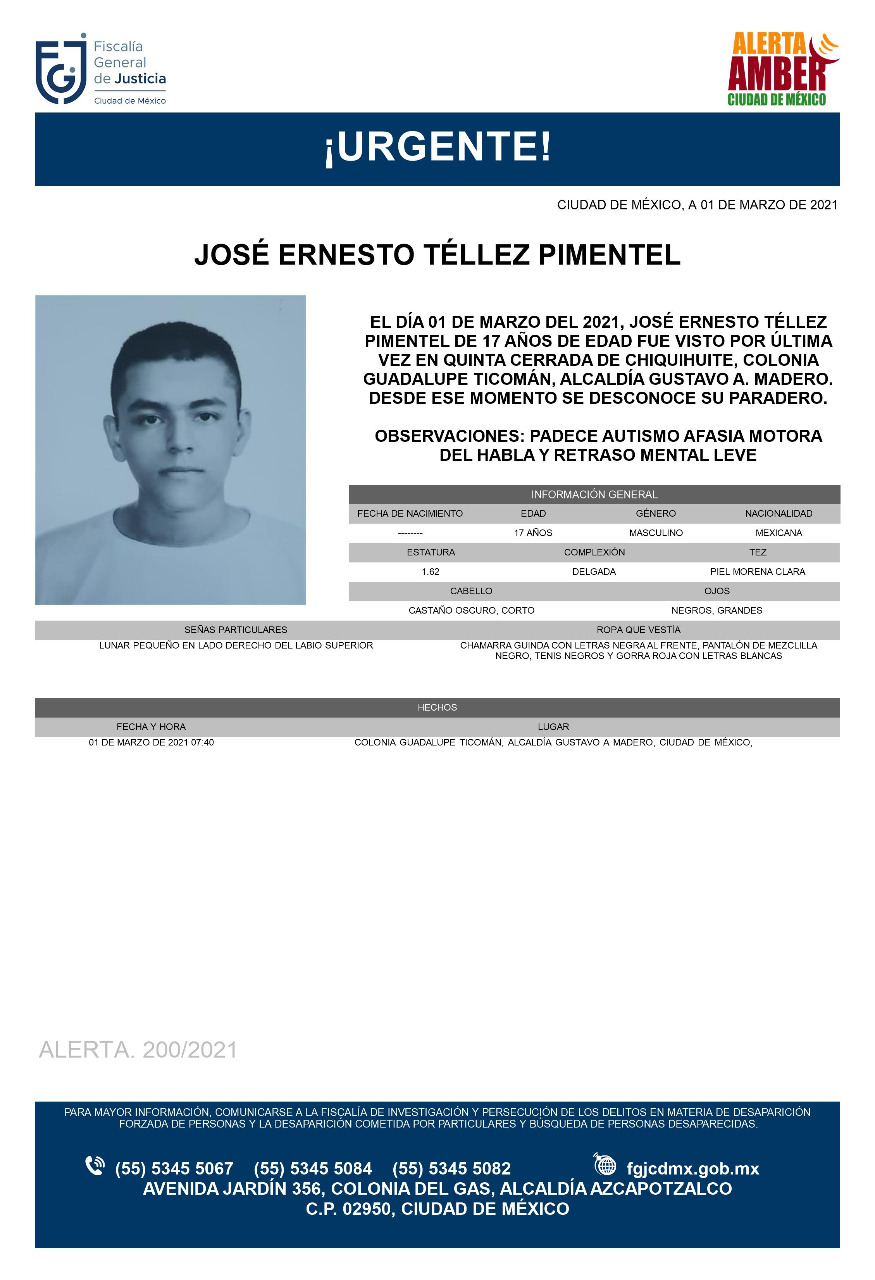 Activan Alerta Amber para localizar a José Ernesto Téllez Pimentel