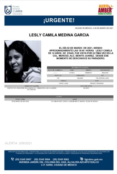 Activan Alerta Amber para localizar a Lesly Camila Medina García