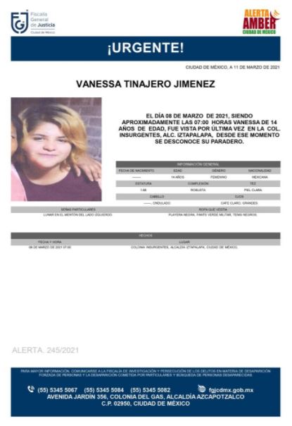Activan Alerta Amber para localizar a Vanessa Tinajero Jiménez