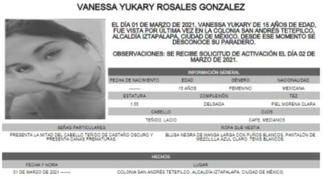 Activan Alerta Amber para localizar a Vanessa Yukary Rosales González.