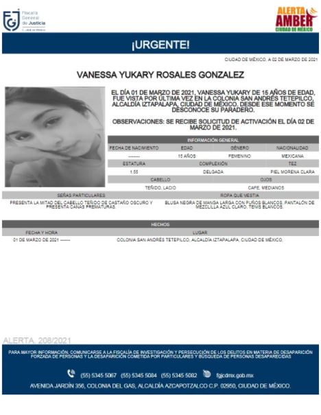 Activan Alerta Amber para localizar a Vanessa Yukary Rosales González