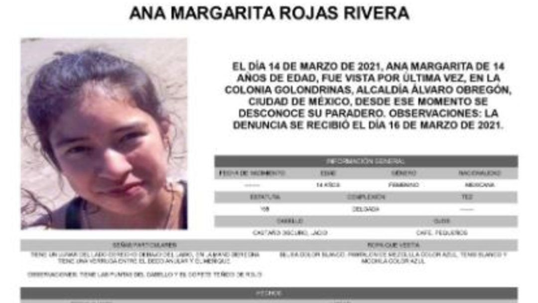 Activan Alerta Amber para localizar a Ana Margarita Rojas Rivera