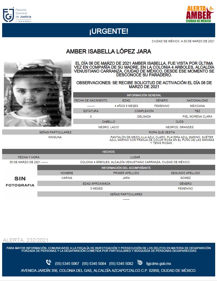 Activan Alerta Amber para localizar a Amber Isabella López Jara