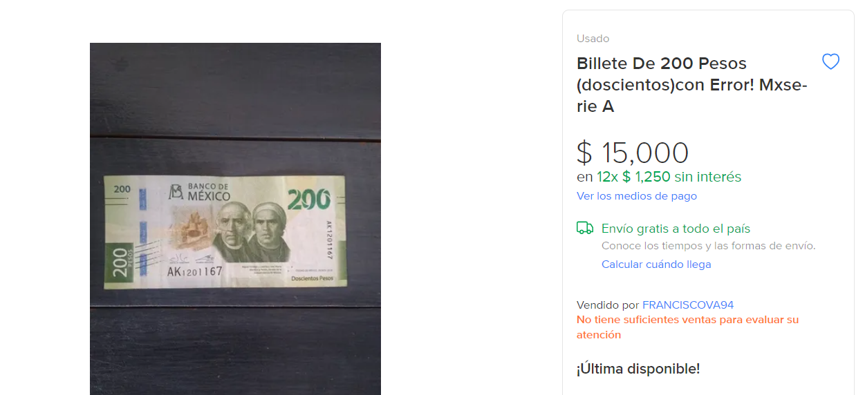 Billete de 200 pesos vendido en Mercado Libre por internet