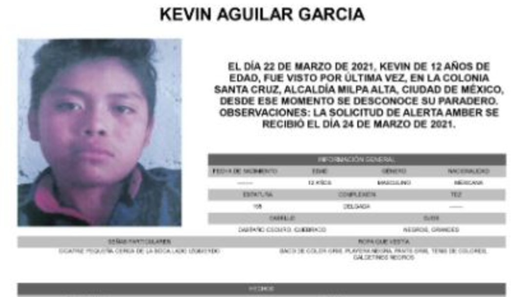 Activan Alerta Amber para localizar a Kevin Aguilar García