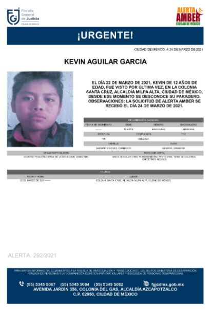 Activan Alerta Amber para localizar a Kevin Aguilar García