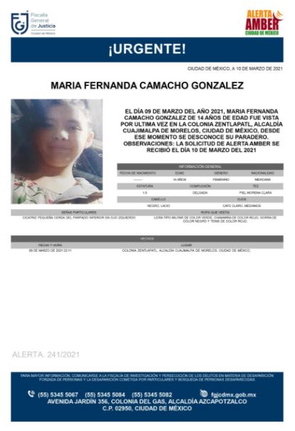 Activan Alerta Amber para localizar a María Fernanda Camacho González