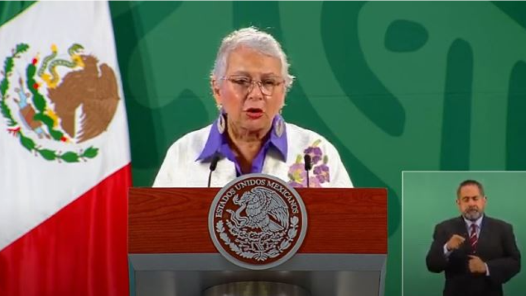 Olga Sánchez Cordero durante la conferencia de prensa del presidente López Obrador