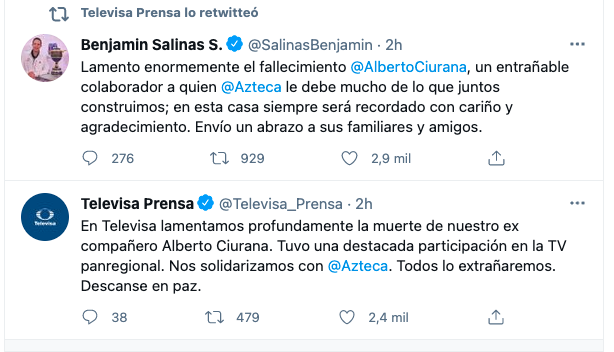Televisa lamenta muerte de Alberto Ciurana.