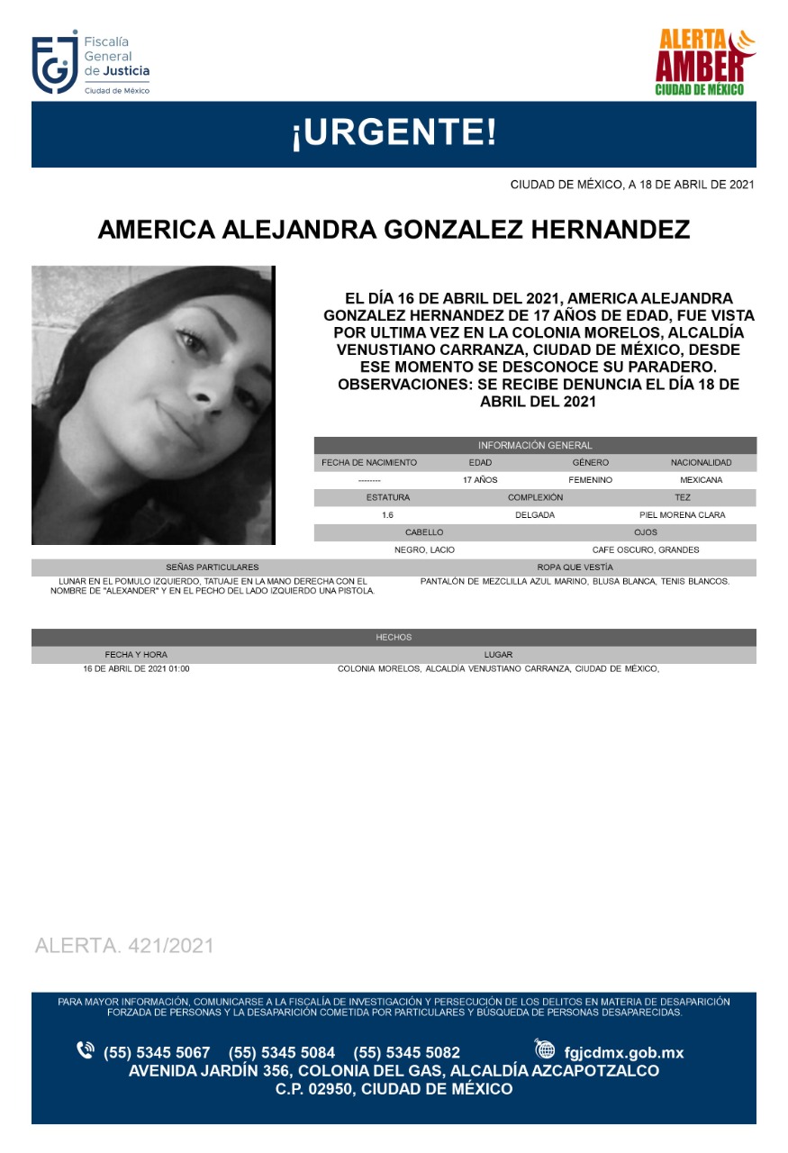 Activan Alerta Amber para localizar a América Alejandra González Hernández