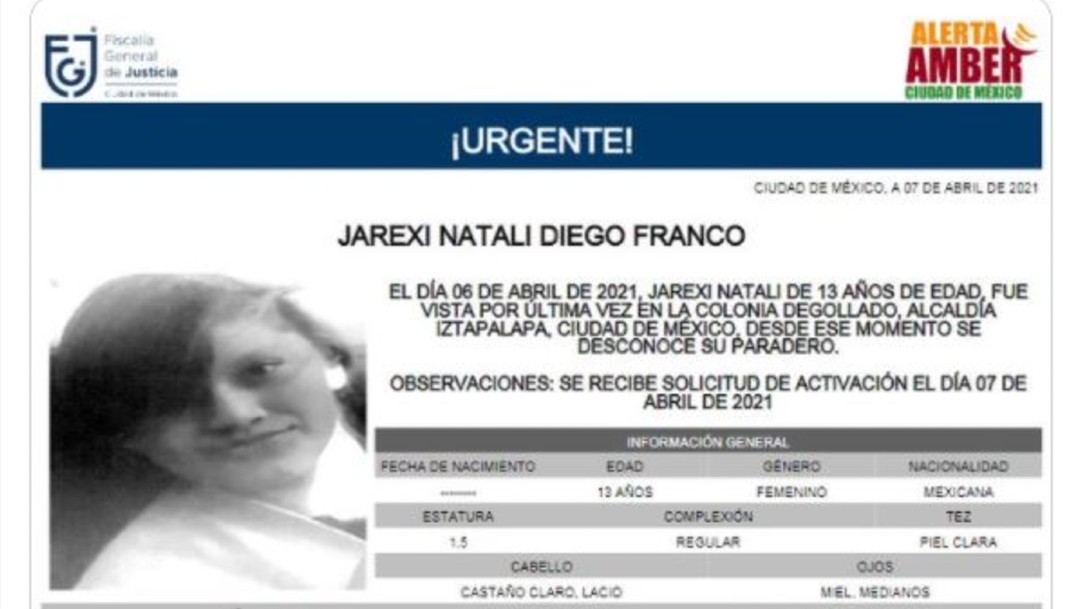 Activan Alerta Amber para localizar a Jarexi Natali Diego Franco