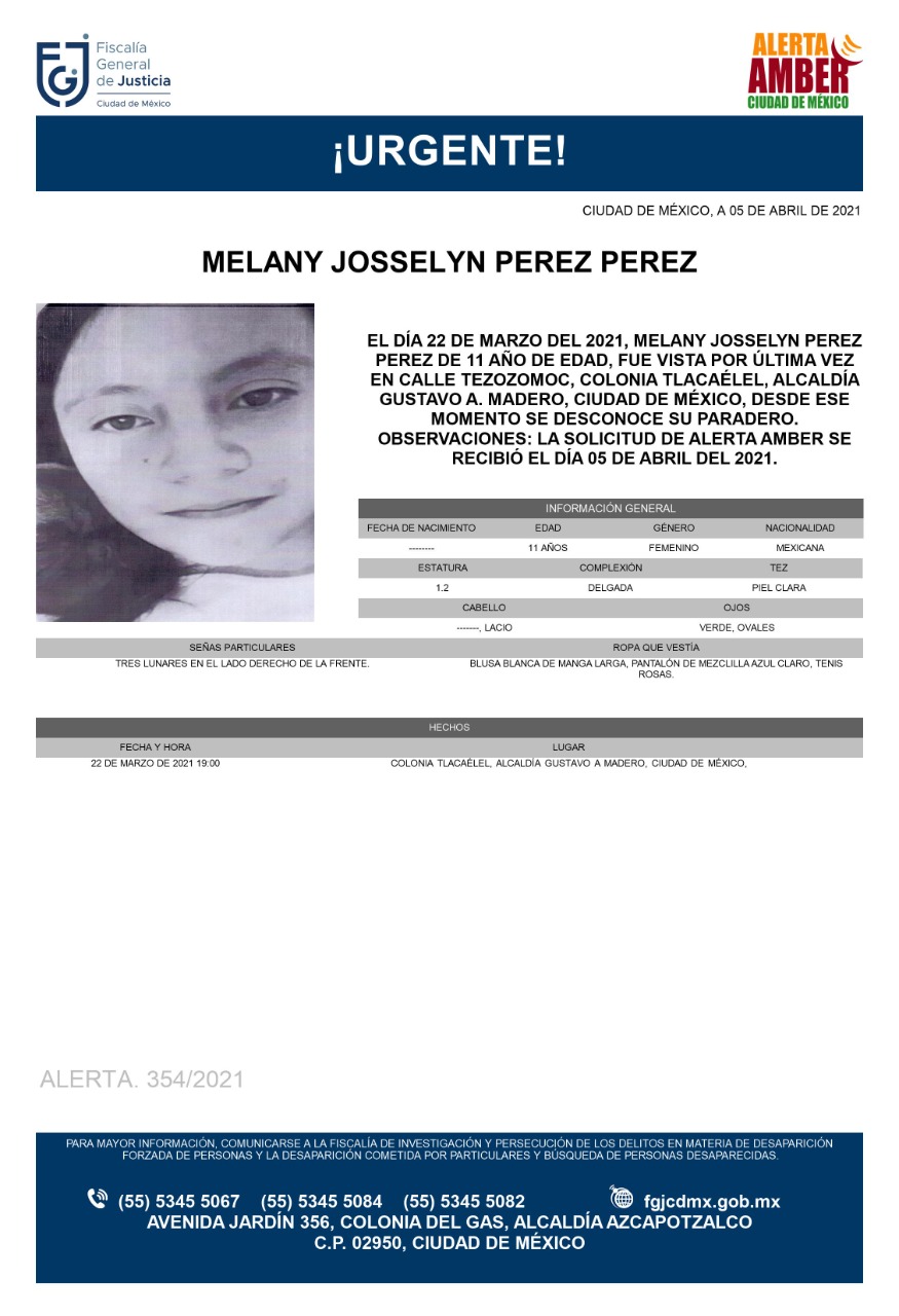 Activan Alerta Amber para Melany Josselyn Pérez Pérez