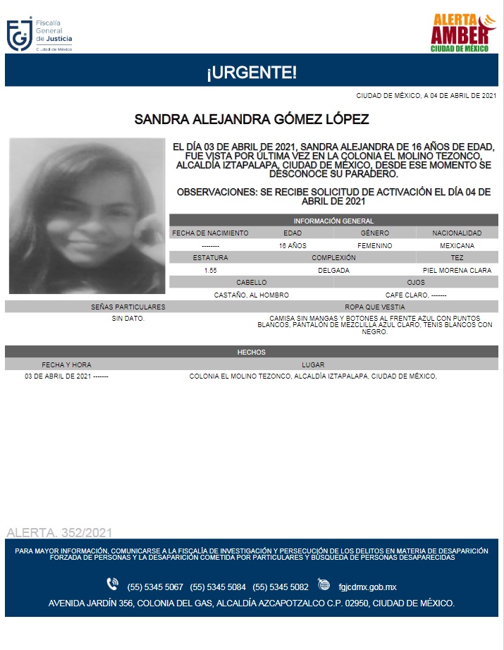 Activan Alerta Amber para localizar a Sandra Alejandra Gómez López