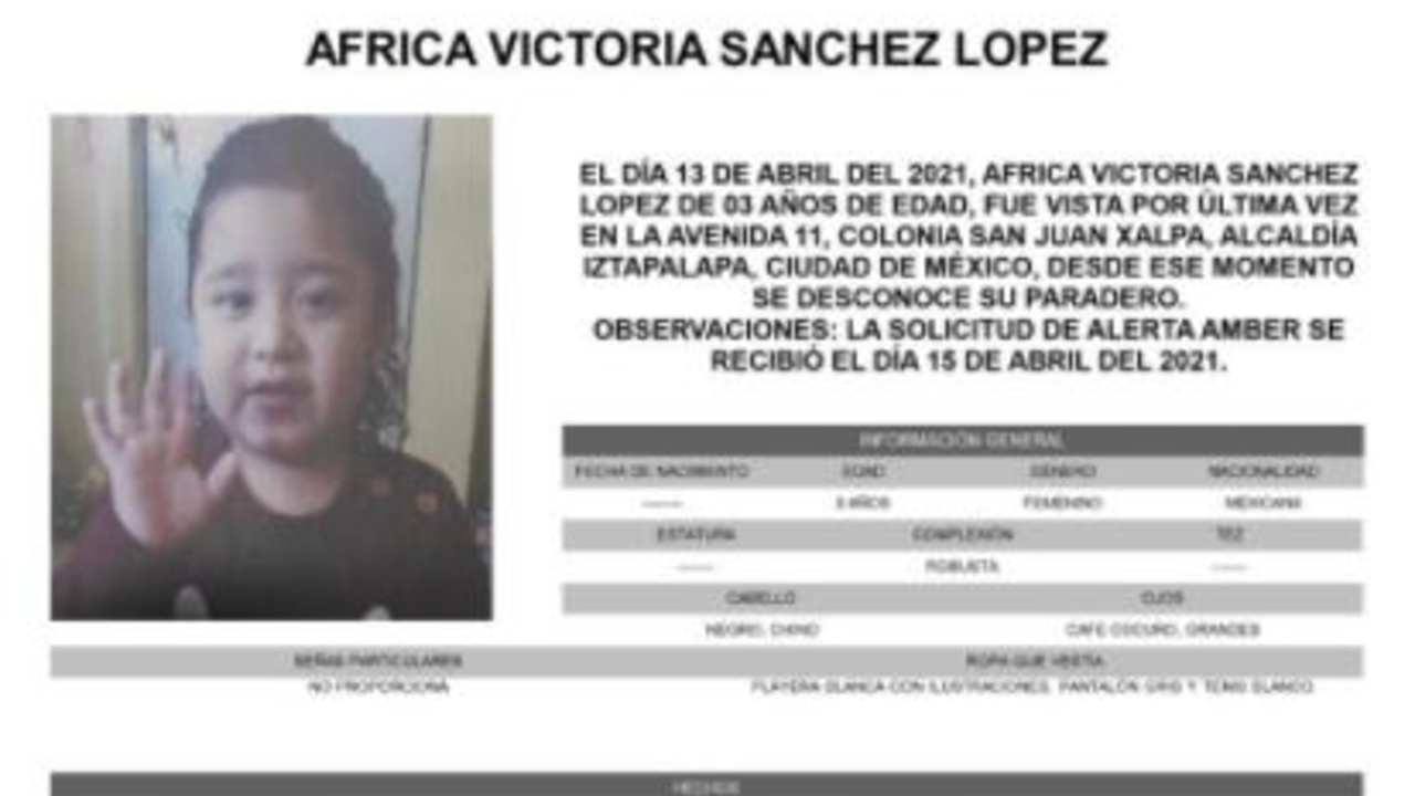 Activan Alerta Amber para localizar a Africa Victoria Sánchez López.