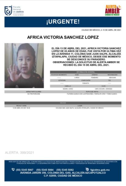 Activan Alerta Amber para localizar a Africa Victoria Sánchez López