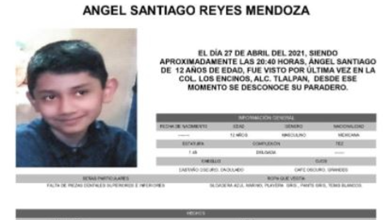 Activan Alerta Amber para localizar a Ángel Santiago Reyes Mendoza