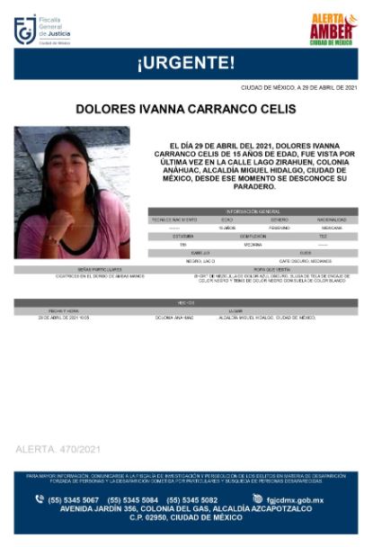 Activan Alerta Amber para localizar a Dolores Ivanna Carranco Celis