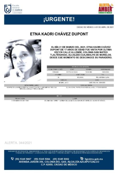 Activan Alerta Amber para localizar a Etna Kaori Chávez Dupont