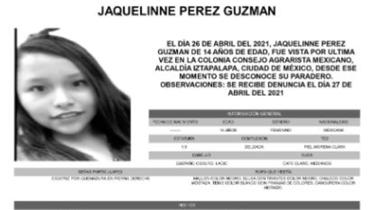 Activan Alerta Amber para localizar a Jaquelinne Perez Guzmán