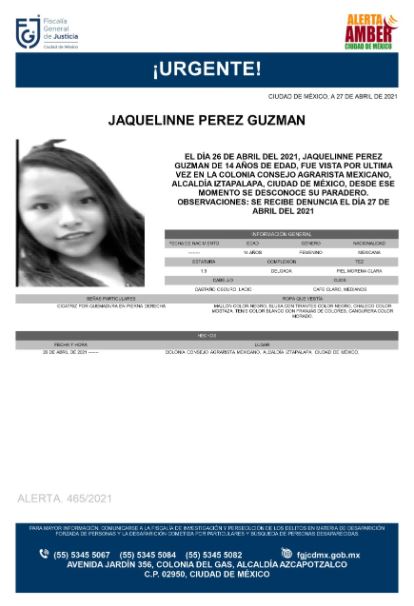 Activan Alerta Amber para localizar a Jaquelinne Perez Guzmán