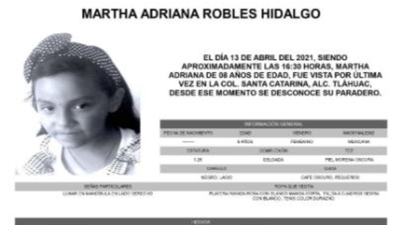 Activan Alerta Amber para localizar a Martha Adriana Robles Hidalgo. (Foto: @FiscaliaCDMX)