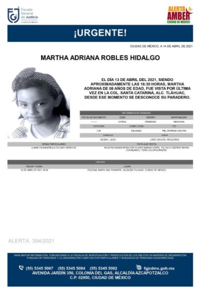 Activan Alerta Amber para localizar a Martha Adriana Robles Hidalgo
