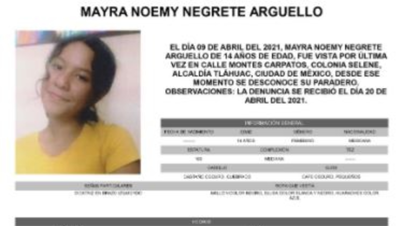 Activan Alerta Amber para localizar a Mayra Noemy Negrete