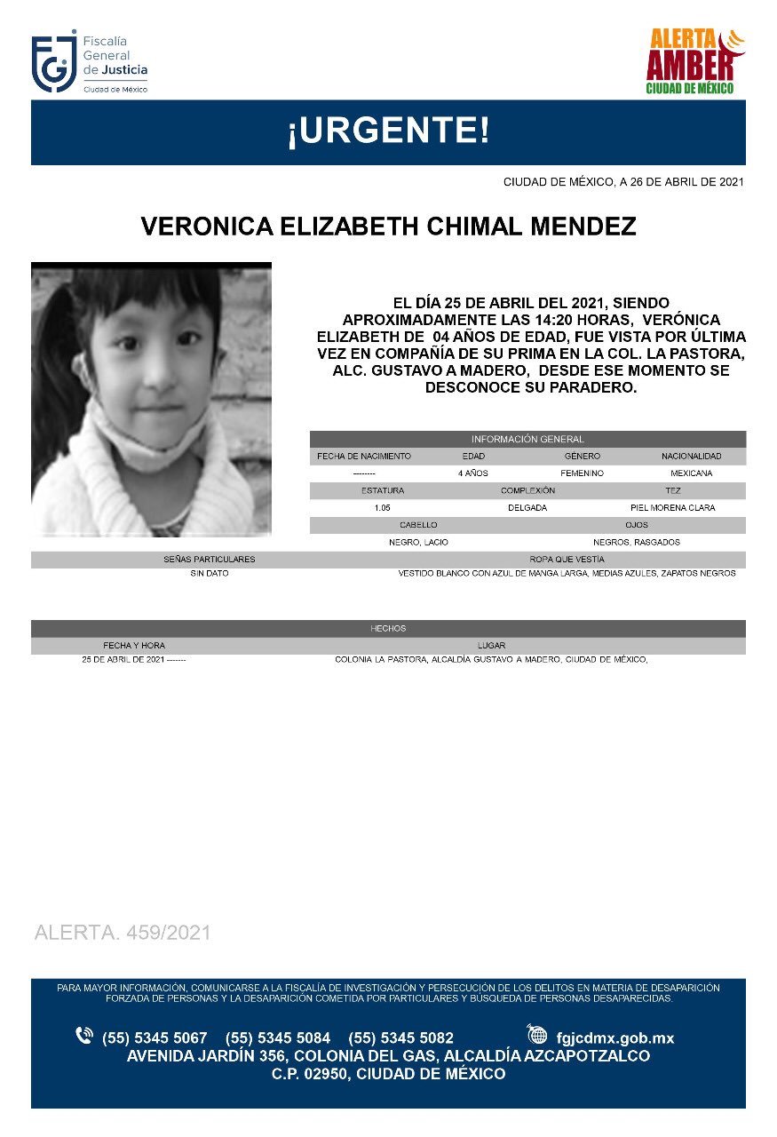 Activan Alerta Amber para localizar a Verónica Elizabeth Chimal Méndez