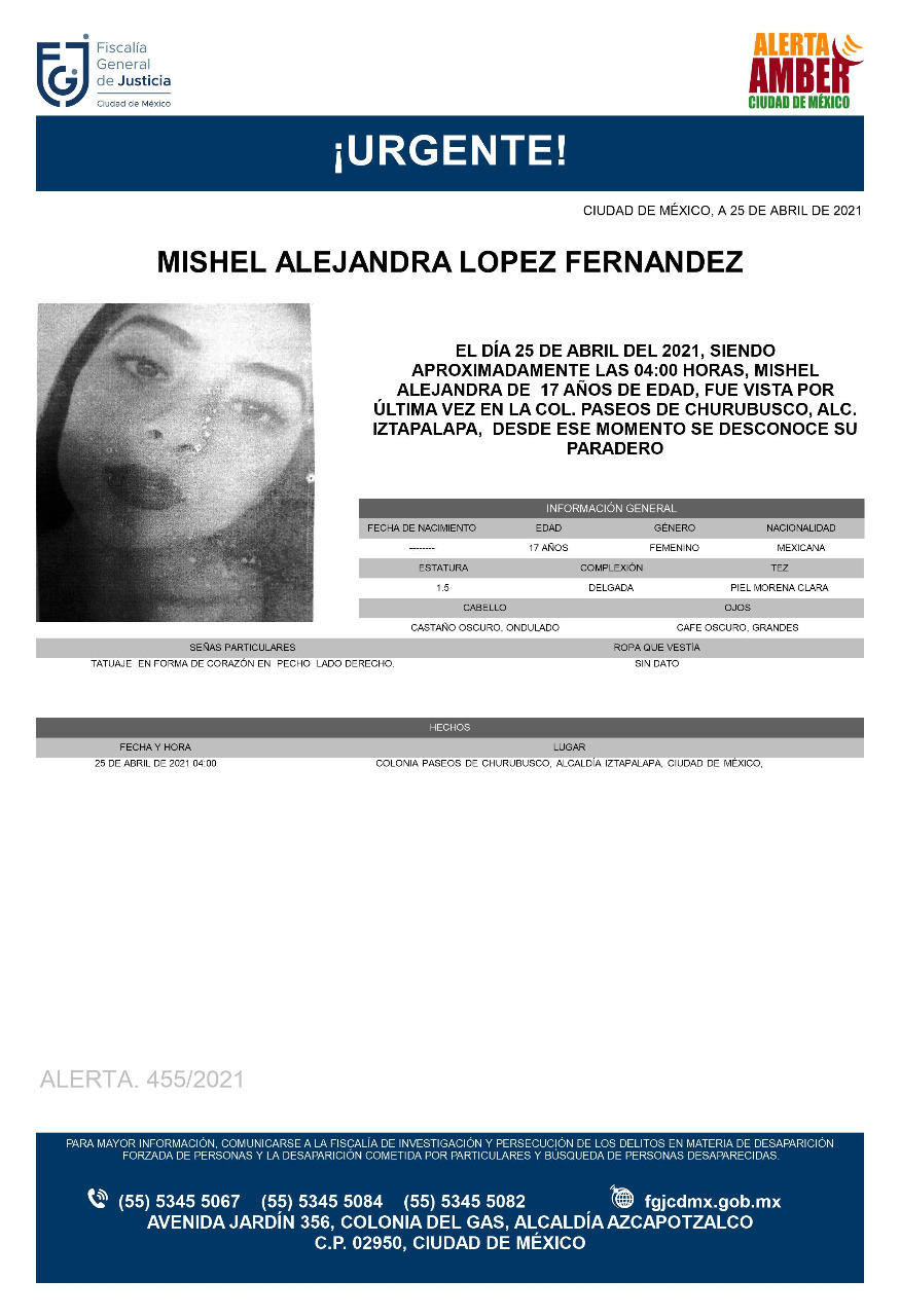 Activan Alerta Amber para localizar a Mishel Alejandra López Fernández