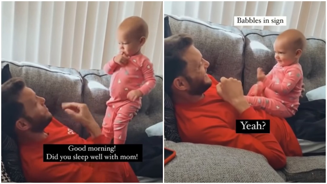 Bebé intenta hablar con su papá a través de lenguaje de señas y se viraliza