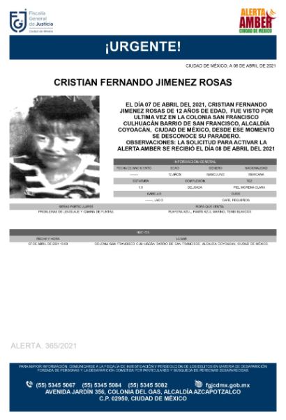 Activan Alerta Amber para localizar a Cristian Fernando Jiménez Rosas