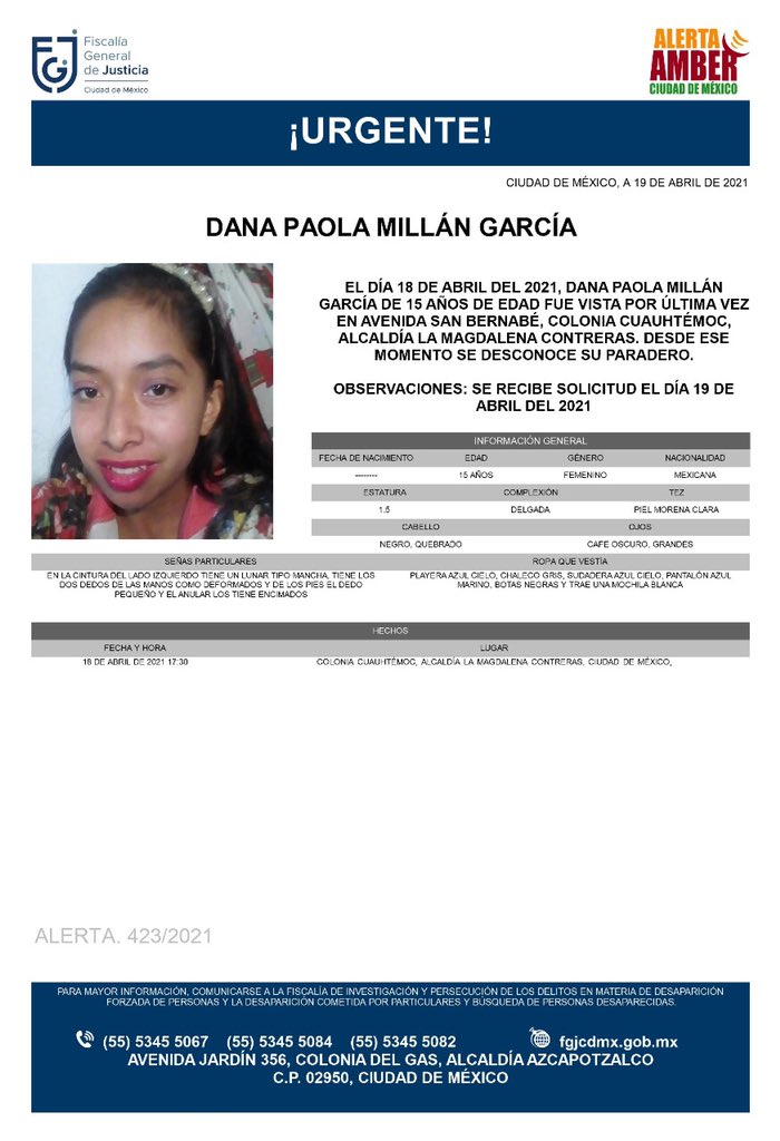Activan Alerta Amber para localizar a Dana Paola Millán García