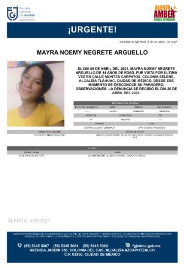 Activan Alerta Amber para localizar a Mayra Noemy Negrete Arguello