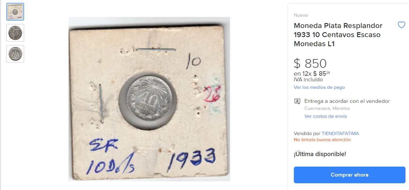 Moneda 10 centavos de 1933 en venta en internet
