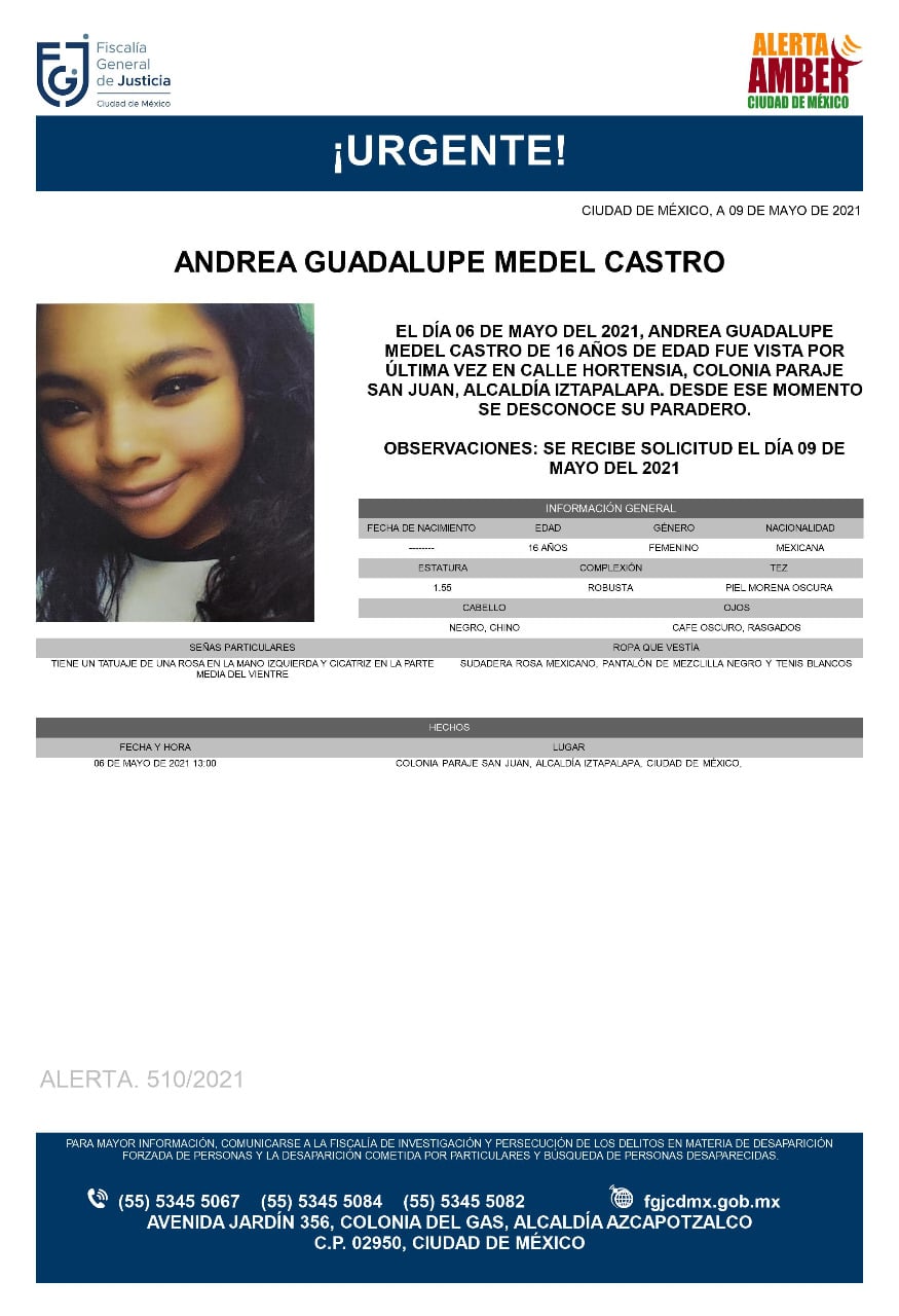 Activan Alerta Amber para localizar a Andrea Guadalupe Medel Castro