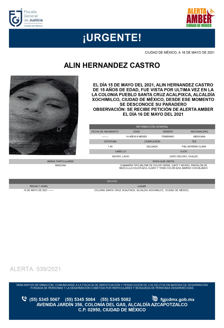 Activan Alerta Amber para localizar a Alin Hernández Castro