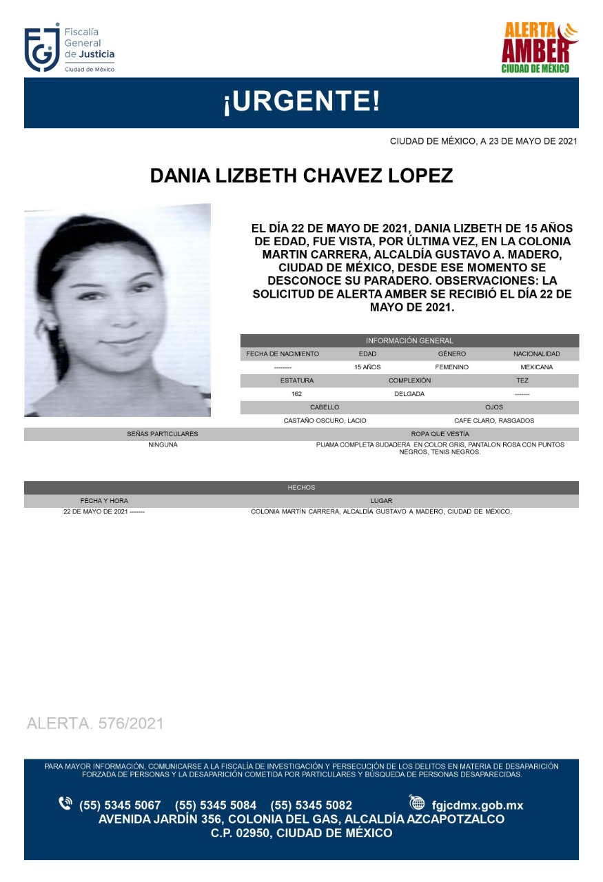 Activan Alerta Amber para localizar a Dania Lizbeth Chávez López