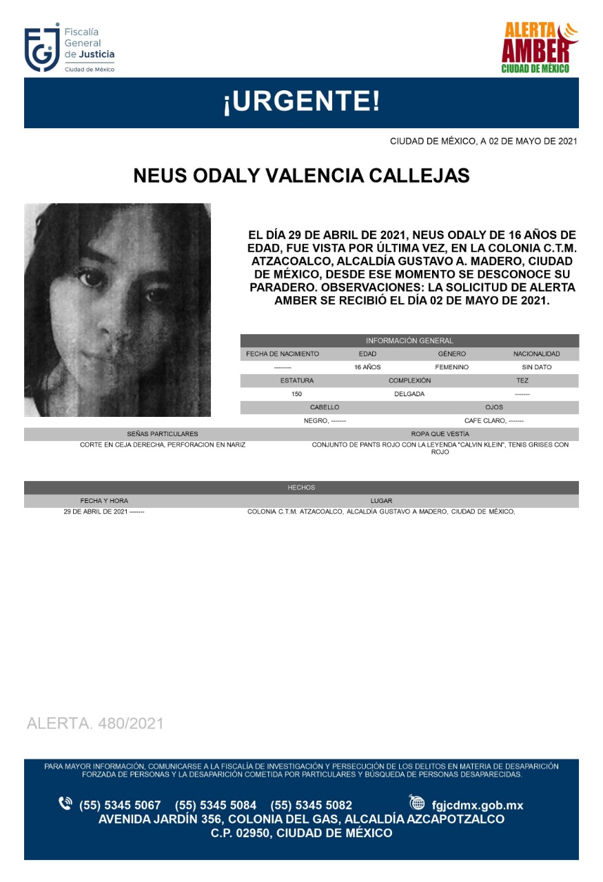 Activan Alerta Amber para localizar a Neus Odaly Valencia Callejas