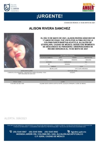 Activan Alerta Amber para localizar a Alison Rivera Sánchez