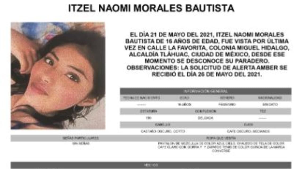 Activan Alerta Amber para localizar a Itzel Naomi Morales Bautista