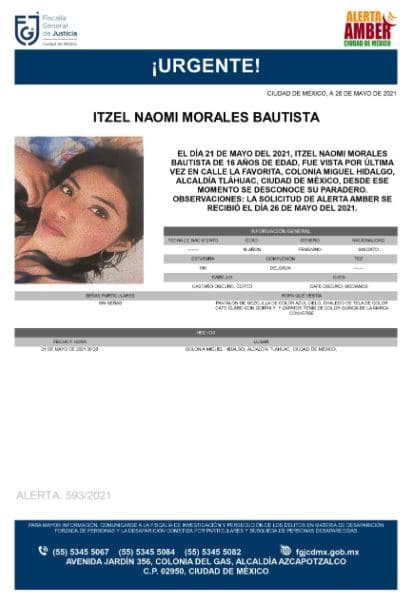 Activan Alerta Amber para localizar a Itzel Naomi Morales Bautista