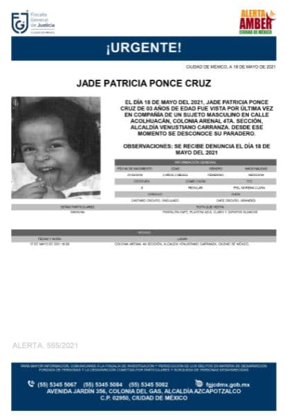 Activan Alerta Amber para localizar a Jade Patricia Ponce Cruz