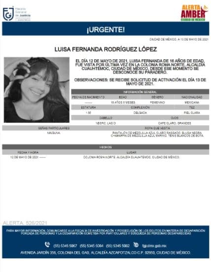 Activan Alerta Amber para localizar a Luisa Fernanda Rodríguez López