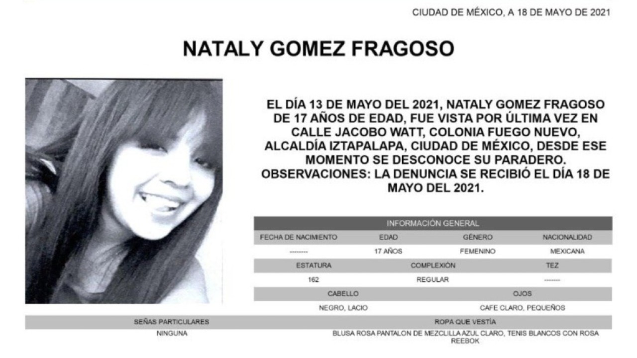 Activan Alerta Amber para localizar a Nataly Gómez Fragoso