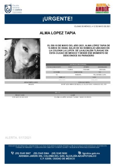 Activan Alerta Amber para localizar a Alma López Tapia