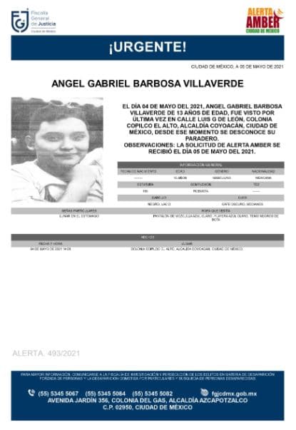 Activan Alerta Amber para localizar a Ángel Gabriel Barbosa Villaverde
