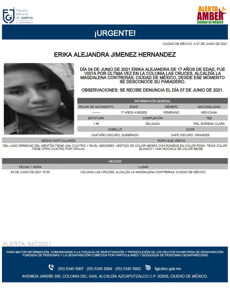 Activan Alerta Amber para localizar a Érika Alejandra Jiménez Hernández